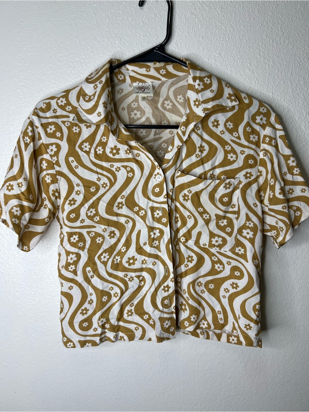Wavy Floral Button-Down Shirt - White & Mustard